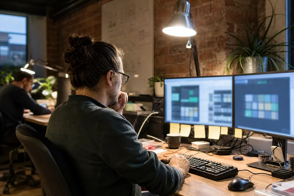 Analityk eksportuje tabelę danych spółek do arkusza na dwóch monitorach